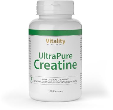 Kreatin Monohydrat Kapseln mit Creapure®. 3000 mg pro Tagesdosis. 120 Kapseln. Vegan. Kreatin erhöht die körperliche Leistung bei Schnellkrafttraining. Vitality Nutritionals by Vitamin Express
