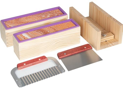 Kit de fabrication de savon en silicone avec boîte en bois, boîte de coupe réglable pour la fabrication de savon, grattoir droit et ondulé en acier inoxydable inclus