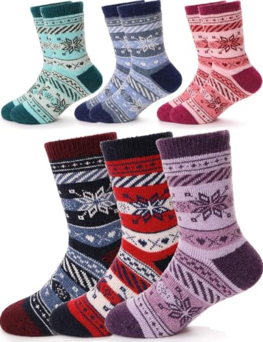 Sandsuced Calcetines Termicos Invierno para Niño y Niñas de Lana Merino | Calcetines Gruesos Cálidos, para Senderismo, Trekking y Deporte, Regalo para Niños y Niñas, 6 Pares