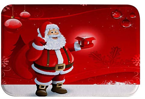 A.Monamour Badematten Badteppiche Badvorleger Weihnachtsmann Hält Eine Geschenkbox Weihnachten Urlaub Dekore Rotem Hintergrund Saugfähigen Flanell Anti-Rutsch Runner Teppiche Tür Matte 40x60cm
