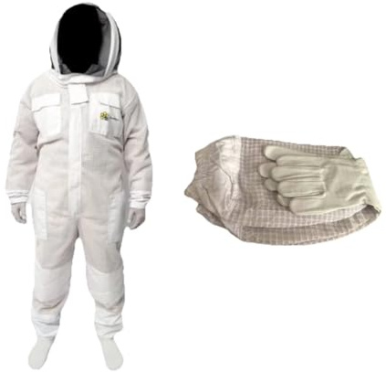 Tuta per api con guanti – 3 strati – unisex in rete bianca per api, completamente ventilata, protezione dalle api per l’estrazione del miele., bianco, L