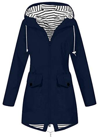 LOPILY Jacke Damen Atmungsaktiv Wasserdicht Windjacke Outdoor Kapuzenjacke Große Größen Training Sportsjacke Winddichte Softshelljacke Wanderjacke mit Streifen Muster Windbreaker (Marineblau, 38)