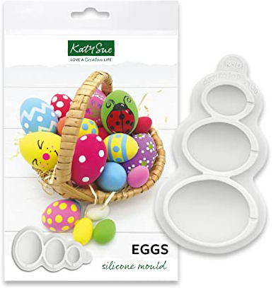 Katy Sue Eggs Silicone Mould for Easter Cake Decorating & Crafts. Makes 3 Egg Halves. Use with Fondant, Sugar Paste, & Air Drying Clay from Katy Sue Designs Fondant Moulds