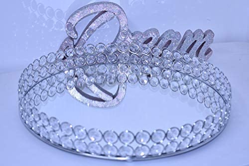 Deenz 35Cm Crystal Silver Mirrored Cosmetic Round Double Beaded Tray (Round Crystal) Organiser Mirrored Glass Metal Decorative Platters Bathroom Tray Holder For Perfume Shower Gel Cosmetics Makeup
