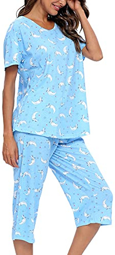 ENJOYNIGHT Ensemble de pyjama 2 pièces en coton pour femme avec haut à manches courtes et pantalon capri