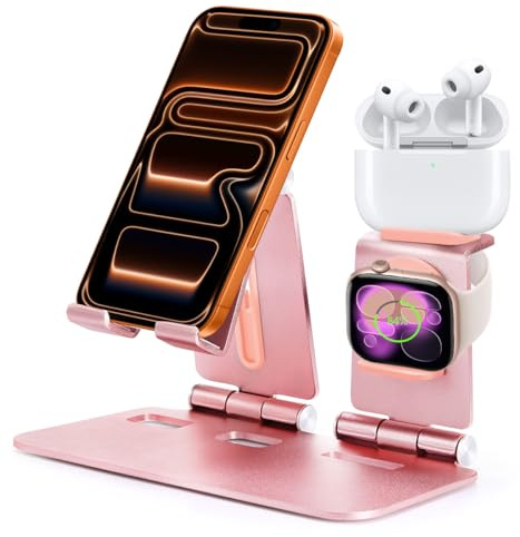 Fingic for Cell Phone Stand for Desk Aluminum 3 In 1 Non-Slip Dual Folding Adjustable Phone Holder for-Apple iphone 17 16 15 14 Pro Max-Watch 10 9 8 7 6&Ultra Series-Airpods 4 3 Pro,Office Accessories