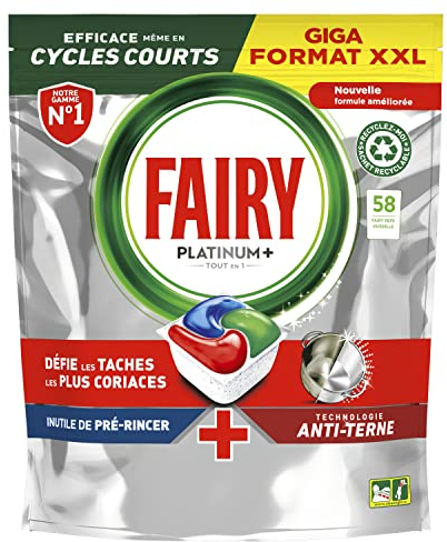 Fairy Platinum Plus Tablettes Lave-vaisselle All In One, Original, 58 Capsules, Efficaces Même Sur La Graisse Incrustée