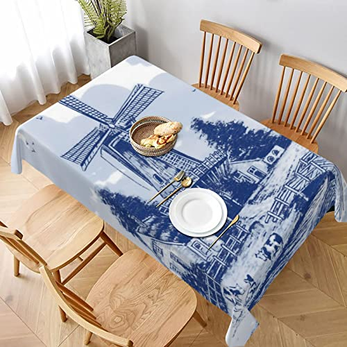 Rechteckige Party Tischdecken Nederland Niedliches Vintages Holländisches Windmühlen-Delfter-Blau Wachstischdecke rutschfeste Tischtuch Abwaschbar Wachstuchtischdecke Für Picknick,137X183cm