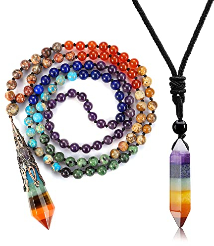 JSDDE 108 Mala Kette mit Chakra Anhänger Halskette Chakra Steine Gebetskette Wickelarmband Glücksbringer Schmuck für Heilung Reiki Yoga Meditation