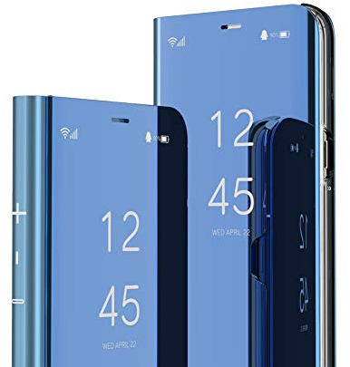 IMEIKONST Compatible with iPhone 15 Pro Max Case, Mirror Design PC + PU Leather Bookstyle Makeup Clear View Window Stand Protective Flip Cover for iPhone 15 Pro Max. Flip Mirror: Blue QH