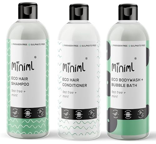 MIniml Shampoo, Conditioner and Body Wash Bundle - Tea Tree and Mint - 3x 500ml bottles, Vegan, Eco friendly