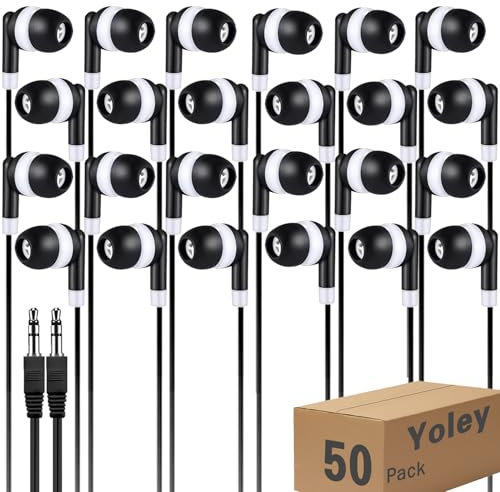 Yoley Confezione da 50 auricolari per scuola, bambini, ragazzi, ragazze, adolescenti e adulti, 3,5 mm, confezionati singolarmente (nero)