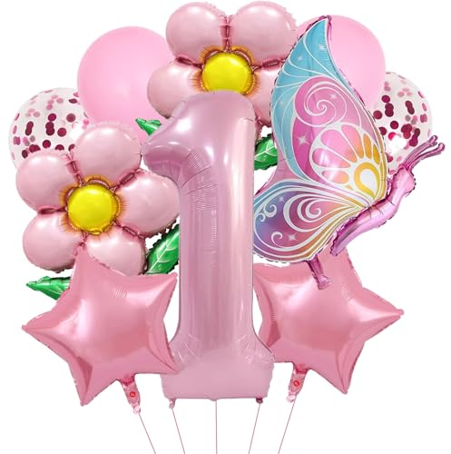 DazzJoy Geburtstagsdeko 1 Jahr Mädchen - Schmetterlinge Luftballon Deko Rosa, Konfetti Ballon, Helium Ballon - Erster Geburtstag