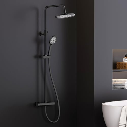 FORIOUS Duschsystem mit Thermostat,Edelstahl Duscharmatur Komplettset mit 25cm Rund-Overhead Regendusche,90-125cm Höhenverstellbare Duschstange, 3 Strahlarten ABS Handbrause Schwarz
