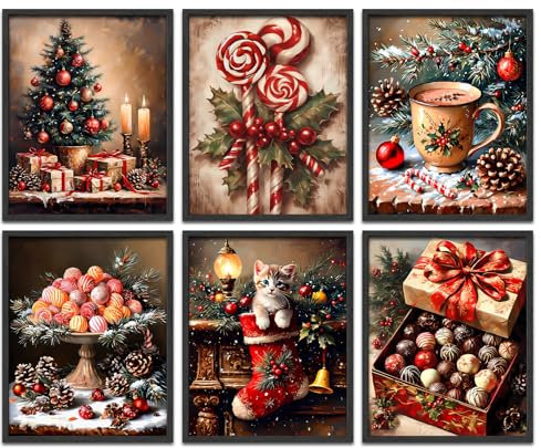 Wandkunstdrucke im Vintage-Stil, Tannenzapfen, Weihnachtsdekoration, Tannenzapfen, Geschenkbox, Süßigkeiten, Kaffeetasse, Kunstposter, Wintergalerie, Wanddruck, Weihnachtskatzenbilder, Dekoration