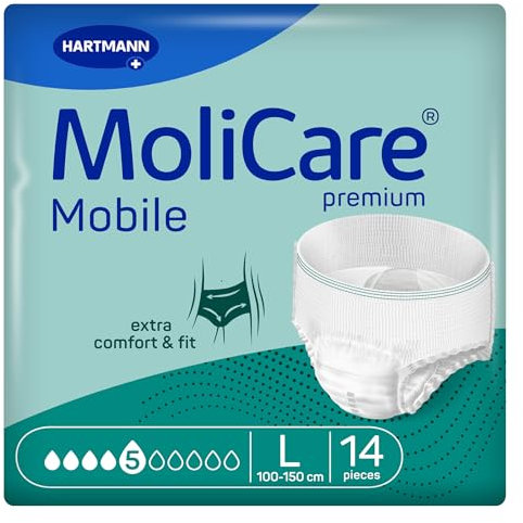 MoliCare premium Mobile 5 Tropfen Größe L, Inkontinenzhosen für Frauen und Männer mit mittlerer Inkontinenz, extra Auslaufschutz, fortschrittlicher Hautschutz, verbesserte Passform, 56 Stück