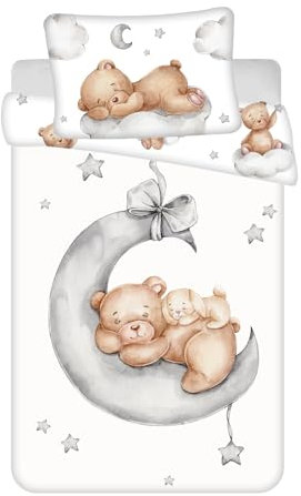 Jerry Fabrics Babybettwäsche Set Schlafender Bär, 100 x 135 cm Bettbezug, 40 x 60 cm Kissenbezug, 100% Baumwolle, Weiß