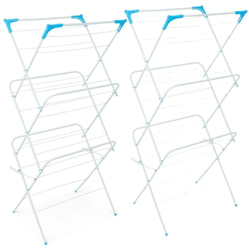 Satargo 3-Tier Clothes Airer – Foldable Indoor Laundry Rack, Compact (Pack of 2 Airers) 136x61x43cm, 15kg Capacity, White