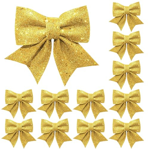 Camiki Art Weihnachtsbaum Deko, 12 Stück Schleifen Weihnachten Gold, Schleifen Weihnachtsbaumschmuck, Weihnachtsschleifen für Christbaumschmuck Weihnachtsdeko Weihnachten Adventskranz Deko (Golden)