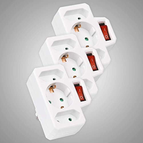 HEITECH 3 Fach Steckdosenadapter - Mehrfachsteckdose mit Schalter, Belastbarkeit bis max. 3500W - 3er Pack Adapterstecker Mehrfachstecker