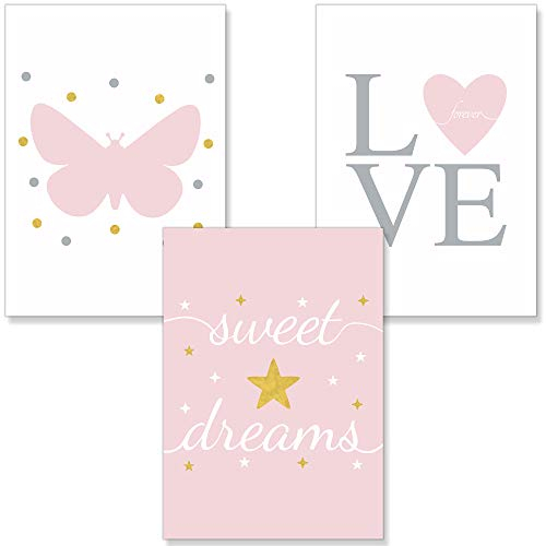 PREMYO Bilder Kinderzimmer Deko Mädchen - Poster Set Babyzimmer - Wandbilder Schlafzimmer Herz Schmetterling Rosa A4