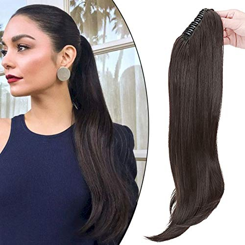 Ponytail Extension Pferdeschwanz Zopf mit Klammer Haarteil Haarverlängerung Hair Piece Haar Hitzebeständig Micro-wavy wie Echthaar 22(55cm) Dunkelbraun