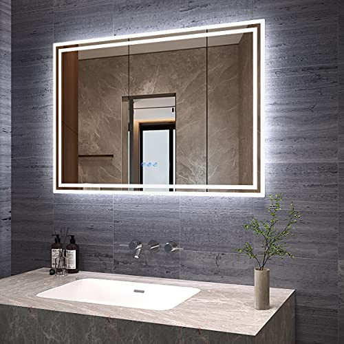 AQUABATOS Badspiegel mit Beleuchtung 100x70 cm LED Badezimmerspiegel beleuchtet Warmweiß 6400K und Kaltweiß 3000K dimmbar Touch Schalter Beschlagfrei