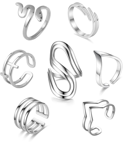 Loqimu Stackable Rings Stainless Steel Open Knuckle Rings for Women Teen Silver Rings Set Minimalist Joint Midi Finger Rings Adjustable Thumb Indie Rings Simple Pinky Rings 7 Pack