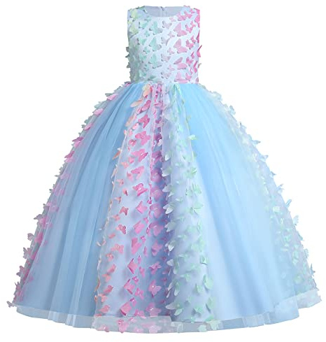 Papillon Robe Fille Enfant Princesse Mariage Appliqué 3D Robe Demoiselle d'honneur Soirée sans Manches Tutu Tulle Longue Fantasie Anniversaire Carnaval Fête Pageant Cérémonie 4-14 Ans