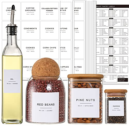308 Kitchen Pantry Labels for Food Containers, 3 Sizes White Minimalist Organizing, Jars, Storage Bins, Preprinted Waterproof Containers