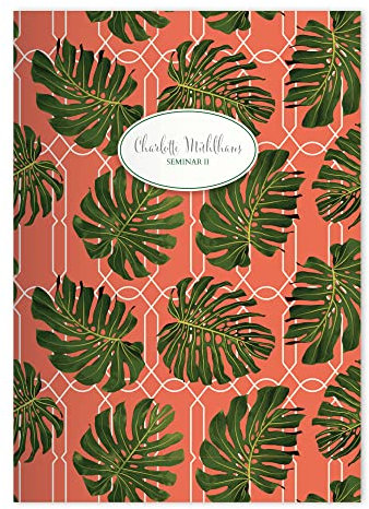 Kartenkaufrausch 1x personalisiertes Klassisch elegantes DIN A4 Schulheft, Schreibhefte mit tropischen Blättern in Rot Lineatur 27 (liniertes Heft)