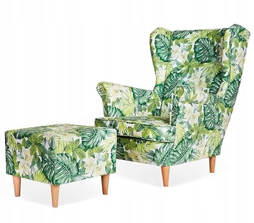 Family Meble Ohrensessel mit Hocker, Modell Print, Skandinavisch, Relaxsessel aus Webstoff, Loungesessel, Ohrensessel mit Hocker, Bequemer Sessel, Für Wohnzimmer, Esszimmer, Schlafzimmer, Dachte 4
