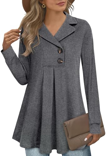 Gaharu Damen-Tunika mit Kerbkragen, schwingend, Pullover, mit Knöpfen, lange Ärmel, Shirt, Oberteile