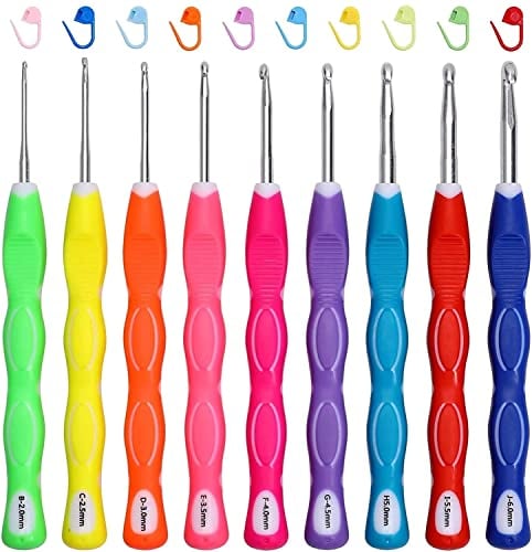 JOZEA Häkelnadeln, 9 Stück Ergonomische Häkelnadel Set mit Weicher Griff, 2,0mm-6,0mm Häkelnadeln mit Rutschfeste Daumenstreifen, für Häkelanfänger