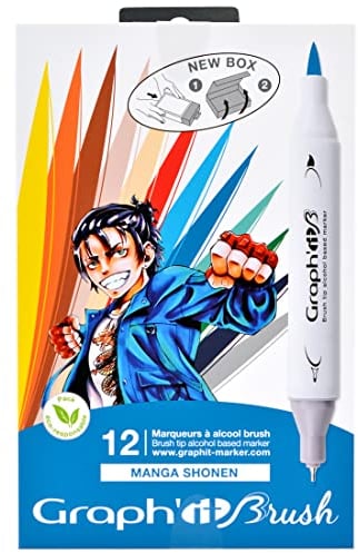 GRAPH'IT - Set de 12 Marqueurs à Alcool Double Pointe : Extra-fine et Pinceau - Dessin de Manga et Illustration - Professionnel et Débutant - Série Manga Shonen