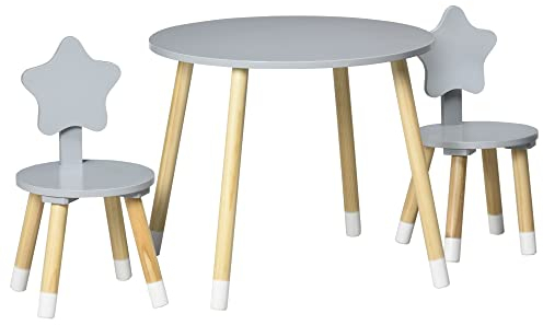 HOMCOM Kindertisch und 2 Stühle aus Holz Set mit rundem Tisch Ø59x50 cm und Stühlen Ø28x51 cm Kindermöbel für Spielzimmer Schlafzimmer Grau
