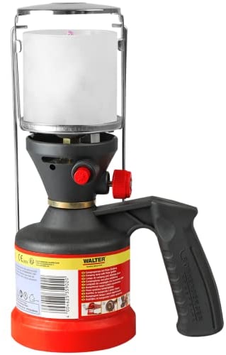 WALTER Gas Camping Lampe mit Piezo Zündung, stufenlos regulierbare Helligkeit, Mattglas sorgt für besonders warmes Licht, für viele Bereiche einsetzbar, Gaslampe, Camping Laterne, inkl. 3 Glühstrümpfe