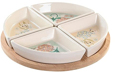 DKD Home Decor Bandeja de Aperitivos de la Marca, Color Blanco, Beige y Verde, de bambú y gres (21,5 x 21,5 x 1 centímetros)