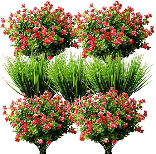 YXYQR 14pcs Artificial Flowers Outdoor UV Resistant Bulk Fake Plastic Plants Outside Indoor Hanging Baskets Faux Greenery Shrubs Arrangement for Pots Vase Porch Window Box Patio Home Decoration (Red)
