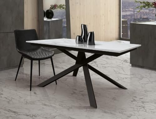 Mar.c.a. Design - Table extensible salle à manger en métal avec plateau en bois effet marbre statuaire, table à manger design pour mobilier moderne, table de cuisine 120 x 80 x 77H cm