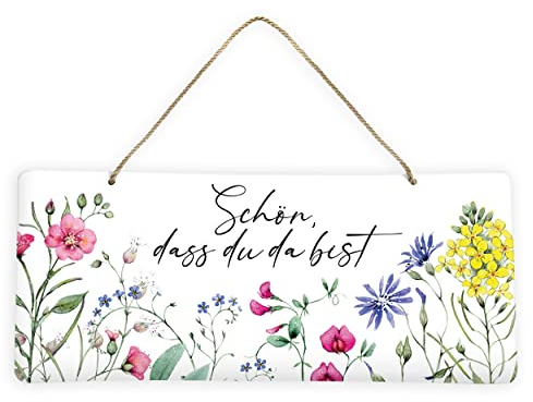 Blechschild zum Aufhängen Schön, dass du da bist | Wanddeko Metall quer | Metallschild mit Wildblumen in gelb, blau und rosa | Schöne Dekoration für jeden Raum