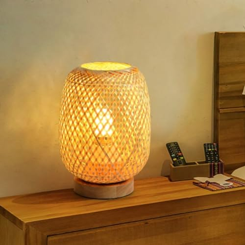 GUANSHAN Tischlampe aus Bambusgewebe, klein, exquisiter Bambus-Lampenschirm, Nachttischlampe, japanisches Nachtlicht, dekorative Tischlampe für Schlafzimmer, Wohnzimmer, Stil 1, Dimmer