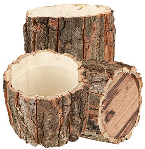 Cabilock Pot de Fleurs en Naturel Lot de 3 Jardinières Rustiques de Bûches Décoration Artistique pour Plantes Intérieur ou Extérieur 9 X 8 Cm