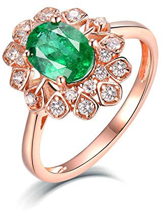 Lieson Anelli Fidanzamento Donna, Anello Oro Rosa Donna 18K Elegante Fiore 1.1ct Smeraldo Ovale con Diamante 0.29ct Anelli Oro Rosa Misura 11
