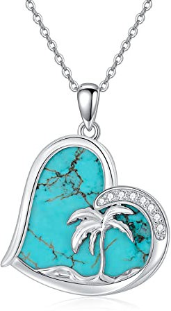 BETHZA Türkis Palme Halskette 925 Sterling Silber Echte Türkis Herz Anhänger Sommer Strand Schmuck Geschenke für Frauen