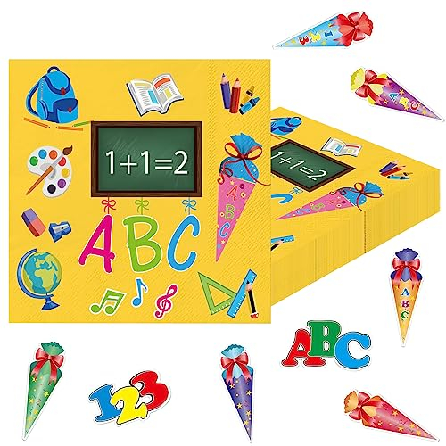 Wentsent Einschulung Deko, 40Stück Servietten Schulanfang + 16Stück Zuckertüten Konfetti Set ABC 123 Konfetti Bunt, Schulkind Servietten Deko für Mädchen Jungen