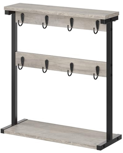 YATINEY Coffee Mug Holder Stand, 2 Tier Countertop Mug Tree Holder Rack with Storage Base, Vintage Mug Holders with 8 Hooks, for Kitchen and Coffee Station, Wide Base, Greige MH43BG
