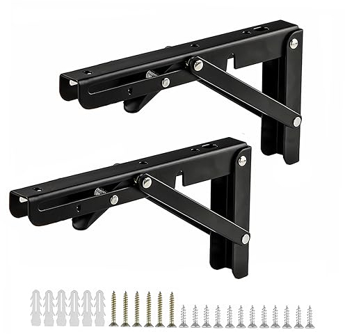Folding Shelf Brackets 10 Inch, 2 Pack Heavy Duty Shelves Bracket Wall Mounted Foldable Shelving Brackets for Folding Desk Bench Drop-Leaf Table, Sturdy & Space-Saving, Load Capacity: 55kg / 120lbs