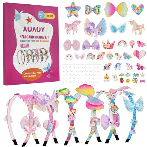 AUAUY 6PCS DIY Haarband, Einhorn Haarreifen Bastelset Mädchen, Kreatives Geburtstagsgeschenk Spielzeug, Bastelset Mädchen 5-12 Jahre, Mode Mädchen Haar-Accessoires-Making Kit, Einschulung Mitgebsel