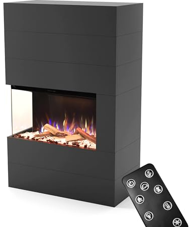 GLOW FIRE Kaminofen Portia linksoffen mit realistischem 3D E-Motion LED-Feuer - Stand-Elektrokamin mit Heizung und Kaminfeuer, Knistereffekt & Timer, max. 1500 W, 140x90x45, Grau